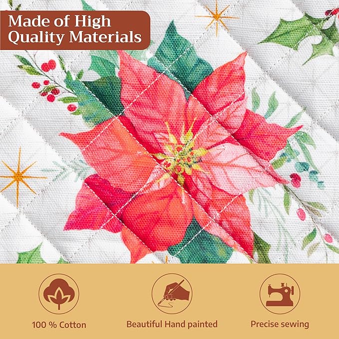 Maison d' Hermine Pot Holders Set 100% Cotton Heat Resistant Potholders 8" x 8" Hot Pads with Loop for Thanksgiving Christmas Decorations Baking Handling Hot Pans (Pack of 2, Poinsettia Christmas)