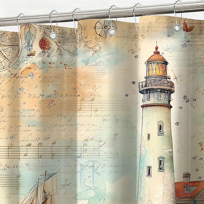 mutakin Nautical Shower Curtain Coastal Lighthouse Shower Curtains for Bathroom Waterproof Fabric Bath Curtain Decor with Hooks