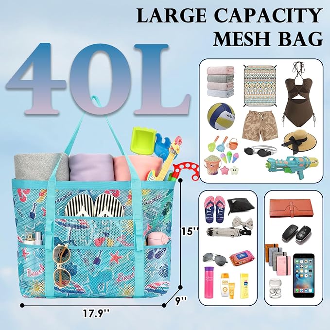 Fammart Mesh Beach Bag, Large Beach Tote with Zipper Pocket for Family Pool Bag for Toys & Vacation Essentials
