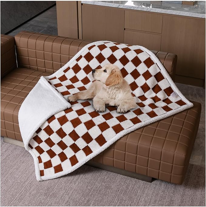 Maidewow Waterproof Pet Blanket,Checked Jacquard Pets Throw Dog Blankets Dog Bed Covers Couch Sofa Stylish for Puppy Cats Washable Reversible Furniture Protection Covers (Coffee Check,S)