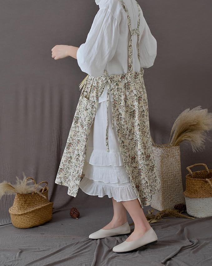 Japanese apron Women-Cross Back Apron for Women with Pockets, Pinafore Aprons, Womens Cotton Linen Apron