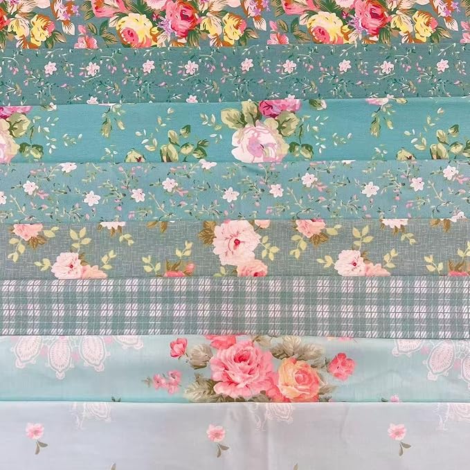 8Pcs 9.8" x 9.8"(25 * 25CM) Cotton Fabric DIY Making Supplies Quilting Patchwork Fabric Fat Quarter Bundles DIY for Quilting Cotton Patchwork Cushions (8pcs Blue Green Flowers, 9.8" x 9.8")