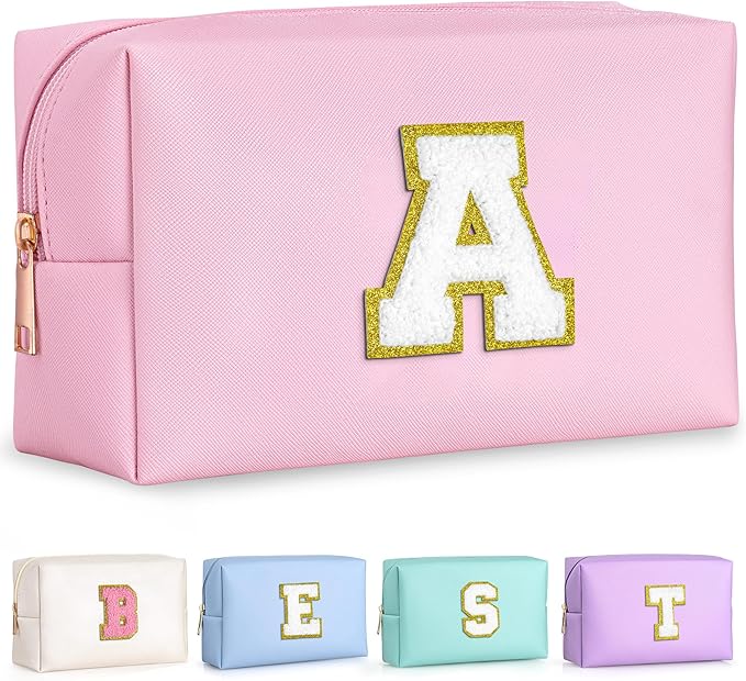 TOPEAST Initial Makeup Bag, Birthday Gifts for 4 5 6 7 8 9 10 11 12 Year Old Teen Girls, Personalized Preppy Cosmetic Bags Toiletry Bag (Pink A)