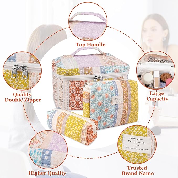 Gosect Quilted Makeup Bag Set, Large Floral Cosmetic Bag for Women, Cute Cotton Makeup Bag, Flower Travel Toiletry Organizer Bag(Color-Coded Floral)