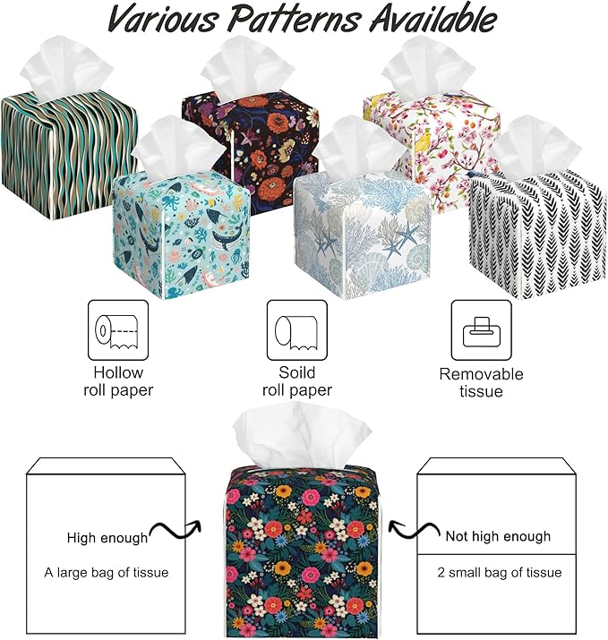 Colorful Flowers Tissue Box Holder,Cube Tissue Box Cover Holder,Leather Facial Paper Organizer Dispenser Home for Bedroom Night Stands,Kitchen,Office and Car,5.2"×5.2"×5.2"