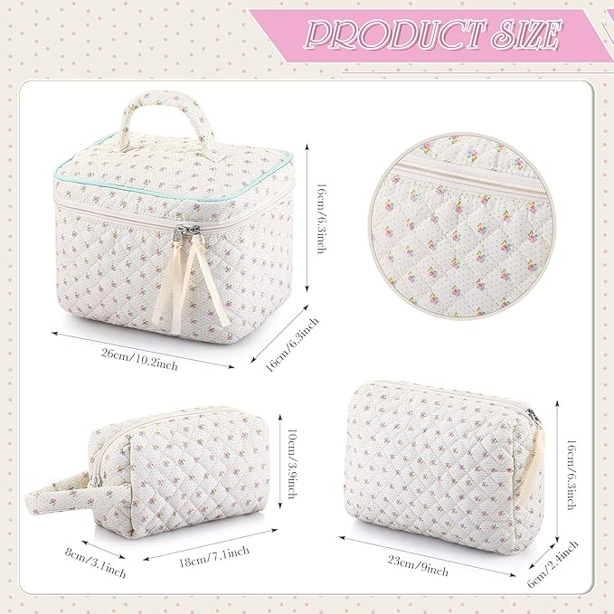 Paterr Makeup Bag Set 3 Pcs Large Quilted Cotton Make up Bags for Women Cosmetic Travel Toiletry Organizer Pouch Cute Aesthetic Storage Purse(White,Little Flower)