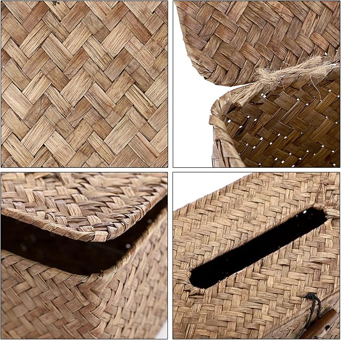 Sumnacon Tissue Box Cover Rectangle Tissue Box Seagrass Tissue Box Holder Woven Tissue Holder Decorative Tissue Cover for Bathroom Tissue Box Cover Rectangular for Home Office Table Coffee