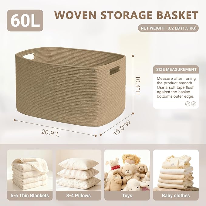 SunNewt 60L Small Wicker Laundry Basket for Living Room Storage,Boho Woven Cotton Rope Baskets for Kids Toy,Gifts,Square Blanket Hamper for Bedroom Dirty Clothes,Jute