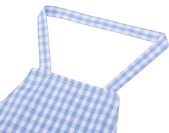 Jennice House Kids Aprons - Pure Cotton Gingham Aprons with Pocket and Adjustable Neck Strap, Painting Apron, Baby Chef Apron (Blue, S)