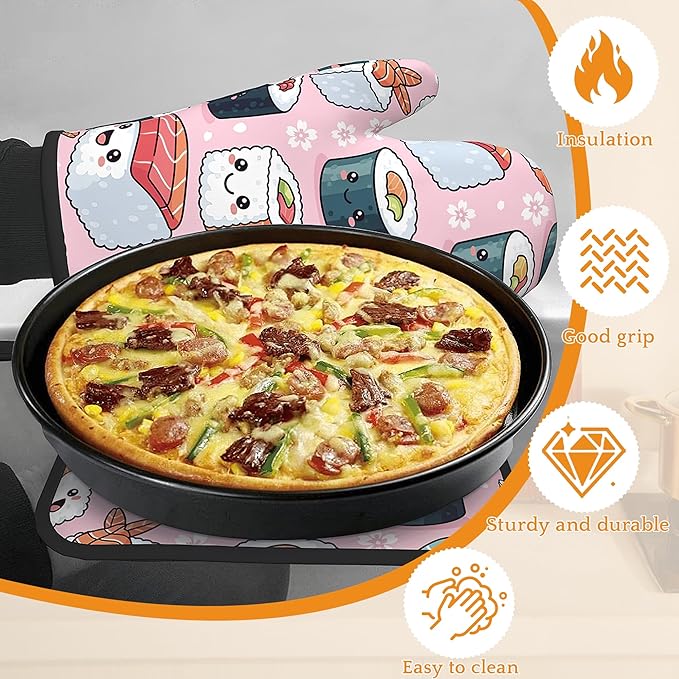 Cute Sushi Roll Japanese Oven Mitts and Pot Holders Set,Kitchen Decor Heat Resistant Non Slip Hot Pads and Oven Mitt for Chef Cooking Baking BBQ Mom Girl Gifts(4 Piece Set)