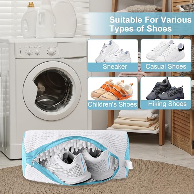 Shoe Washing Bag for Washing Machine,Fluffy Fibers Keep 360° Wrap-around Cleaning for All Types Shoe And Sizes,Laundry Shoe Bag for Washer and Dryer, Reusable Shoe Cleaning Bag for Sneaker