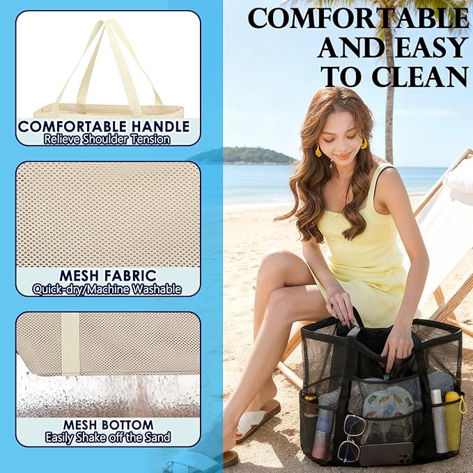 Fammart Mesh Beach Bag, Large Beach Tote with Zipper Pocket for Family Pool Bag for Toys & Vacation Essentials