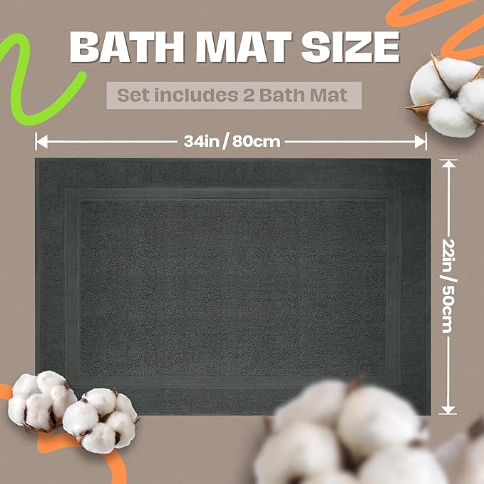 Infinitee Xclusives Premium Cotton Grey Bath Mats –Pack of 2, (34x22 Inches) [Not a Bathroom Rug] Ultra Soft and Super Absorbent Floor Mat, Machine Washable (Shadow Grey, Towel Bath Mats)