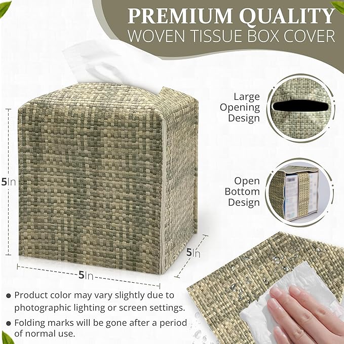 PU Leather Square Tissue Box Cover with Woven Pattern, Cube Tissue Box Holder with Bottom Belt, Perfect Decorative Organizer for Tabletop, Car, Office, Bathroom (Beige Olive Green)
