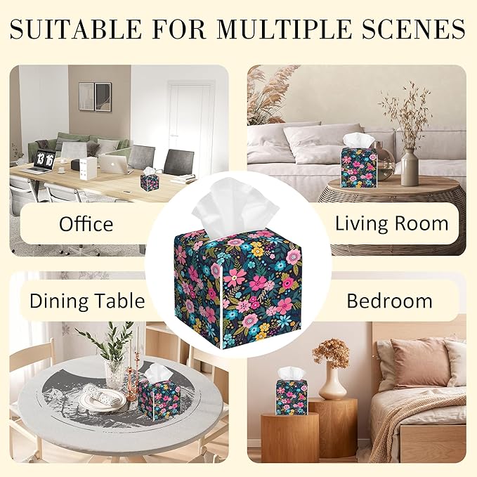 POIUBLE Tissue Box Holder Colorful Flowers Tissue Box Cover Square Leather Tissue Holder Organizer Portable Decorative Facial Paper Case for Home Office Bathroom Vanity Countertop