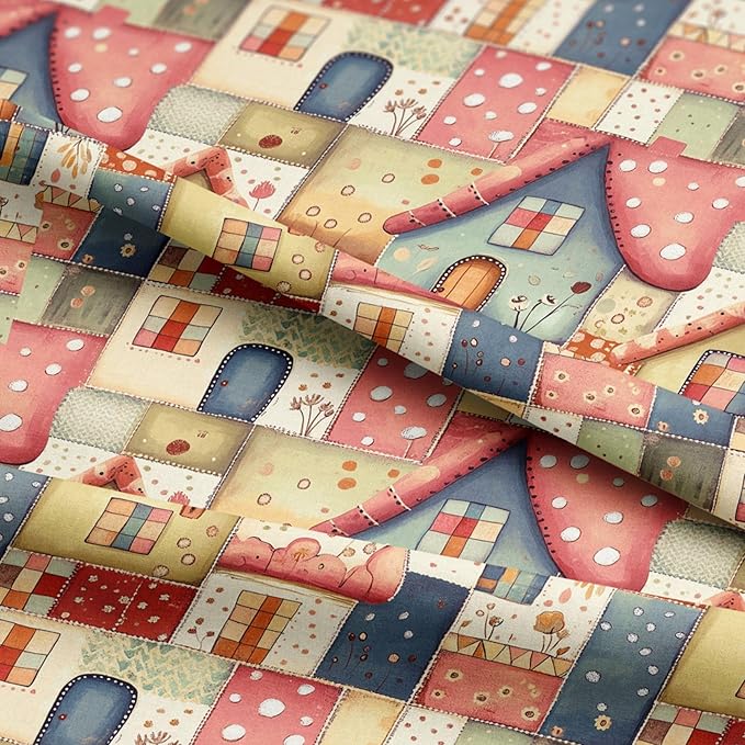 Cottage House Patchwork Cotton Fabric – Premium Turkish Printed Cotton 140 GSM, Pre-Cut 61 x 36.6 Inches, Quilting & Sewing Fabric for Crafts, Nursery Decor & DIY Projects
