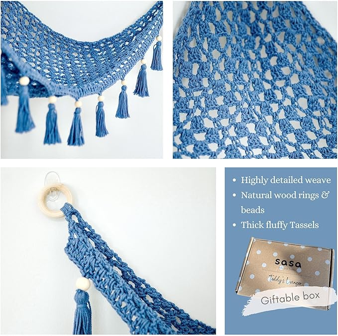 Sasa Baby and Toddler Macrame Toy Hammock for Stuffed Animals - Toy Hammock Net for Stuffed Animals Corner, Blue Nursery Decor, Plush Hammock, Hanging Stuffed Animal Organizer, Deep Sea Blue