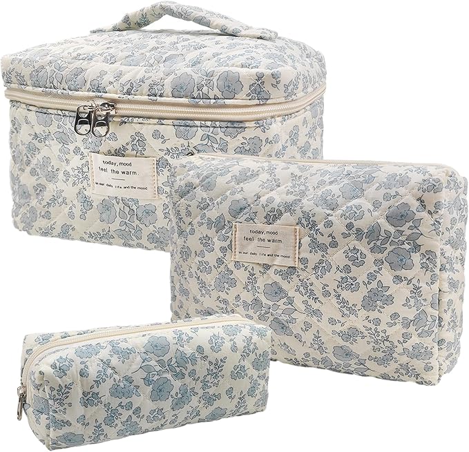 Cozomga Quilted Makeup Bag, Large Capacity Travel Cosmetic Bag for Women and Girls, Aesthetic Storage for Daily and Travel Use (3pcs-Orchid)