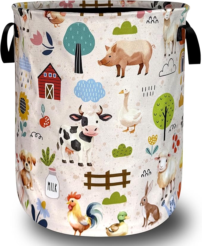 Cute Animals Laundry Basket Oxford Cloth Animal Dogs Cows Chicken Laundry Hamper With Handle Portable Clothes Storage Basket Foldable Funny Laundry Bag 18.9"x16.5" For Laundry Room/Bedroom/Bathrooms