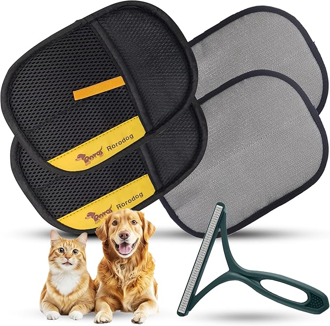 Rorodog 2-PCS Pet Hair Remover Gloves with A Hair/Lint Removal Tool, Reusable Magic Brush Pet Hair Removal Glove for Dogs & Cats, Remove Dog/Cat Hair from Couch, Carpet, Car Seat.