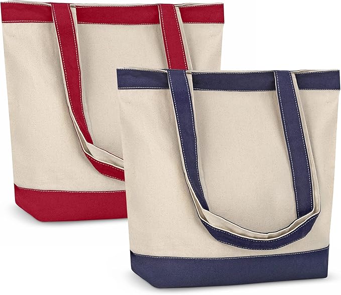 Canvas Tote Bag with Handles for Woman, Reusable Cloth Bag for Groceries and Shopping - Blank Cotton Tote Bag, Suitable for DIY Projects – HEAVY DUTY – 16" X 14.5" With 4” Gusset, Navy Blue/Red 2 Pack