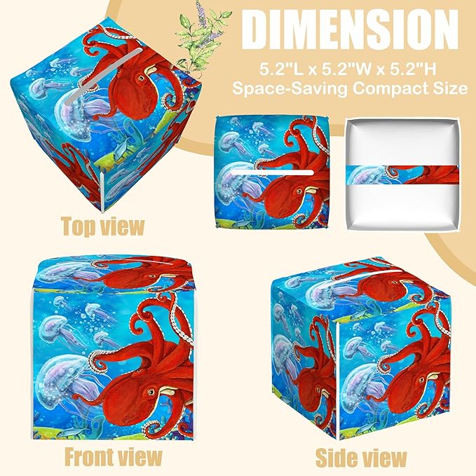 BLYKVGHQ Octopus and Jellyfish Tissue Box Cover Square, Coral Reef Tissue Box Holder with Bottom Belt Leather Facial Paper Organizer Dispenser for Bathroom Bedroom Dresser Night Stand Tabletop