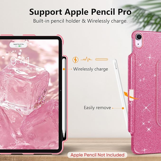 Fintie Rotating Case for iPad Air 13-inch (M3) 2025, (M2) 2024-360 Degree Swiveling Protective Stand Cover with Pencil Holder, Auto Wake/Sleep, Glittering Pink