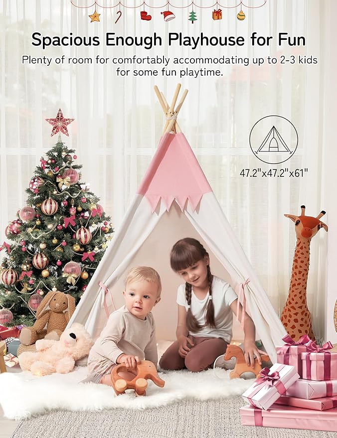 Teepee Tent for Kids Indoor,Kids Play Tent, Toddler Teepee Girls Boys, Baby Teepee, Children Room, Reading Tp,Canvas Playhouse with Lights and Mat (Peachy-Pink, Padded mat)