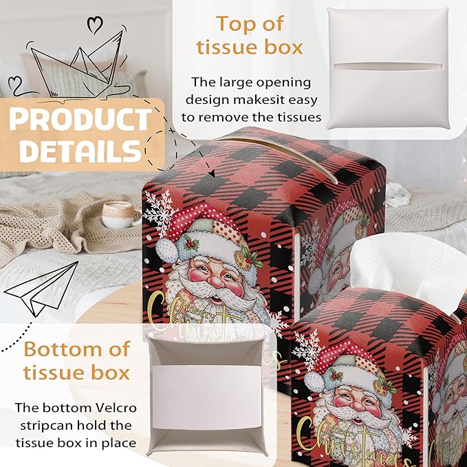 Merry Christmas Tissue Box Holder, Santa Claus Red Checkered Leather Tissue Box Cover Square, Paper Facial Decorative Tissues Cover for Night Stands Bathroom Office Home Decor-B16