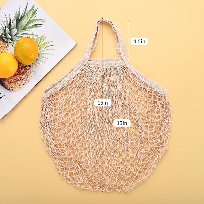 Eslazoer [2 pack] completely Cotton string storage shopping bags, Ecology Reusable and washable mesh grocery bag, Portable short handle net tote beige