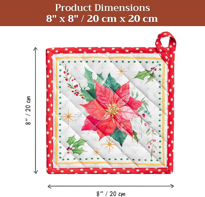 Maison d' Hermine Pot Holders Set 100% Cotton Heat Resistant Potholders 8" x 8" Hot Pads with Loop for Thanksgiving Christmas Decorations Baking Handling Hot Pans (Pack of 2, Poinsettia Christmas)