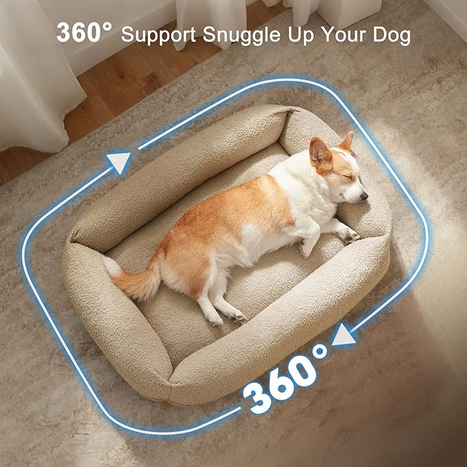 FURTIME Washable Dog Bed Medium Size Dogs, Rectangle Comfy Fluffy Medium Dog Bed, Removable Zipper Cover Machine Wash, Soft Orthopedic Bed Durable Pet Cuddler with Anti-Slip Bottom, 25"x21"x7", Beige