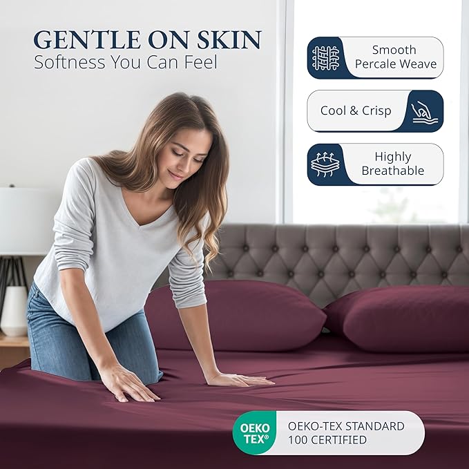 LANE LINEN Twin XL Fitted Sheet, 100% Organic Cotton 2-Piece Set (1 Fitted Sheet, 1 Pillowcase), Percale Weave, Soft, Breathable, Fits Mattress Upto 15" Deep - Windsor Wine (No Flat Sheet)