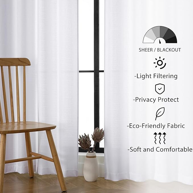 Lecloud Bessie White Curtains 84 Inches Long 2 Panels Set, Airy Privacy Light Filtering Curtain Panels, Faux Linen Textured Drapes for Dining Room Living Room, Each 40 W x 84 L