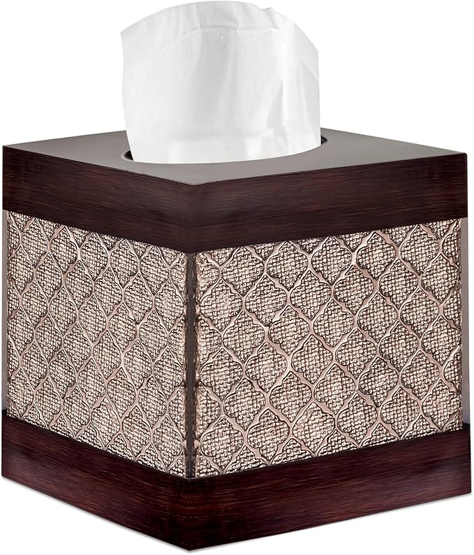 Dahlia Square Tissue Box Cover Square - Brown Tissue Box Holder Vessel - Decorative Tissue Holder for Bathroom - Elegant Brown Bathroom, Bedroom, Office Decor