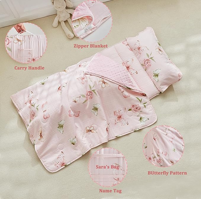 Toddler Nap Mat with Zipper,Detachable Minky Blanket and Removable Pillow,Soft Slumber Bags for Girls,Kids Sleeping Bag for Daycare Preschool Kindergarten,Flower Toddler Sleeping Mat - Butterfly