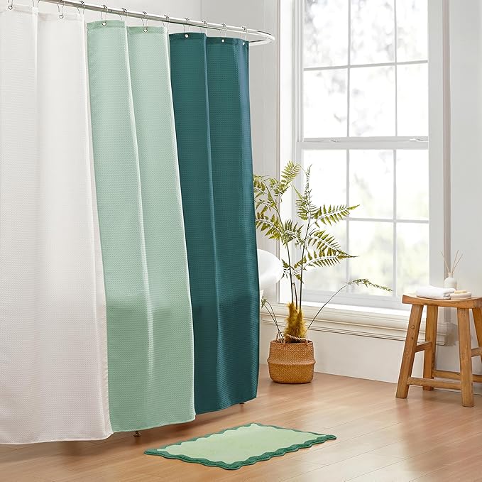 MONDAY MOOSE Colorful Waffle Weave Shower Curtain with Rustproof Metal Grommet Holes for Bathroom, Machine Washable, Hooks Included (72x72 inch, Cream/Dark Teal)