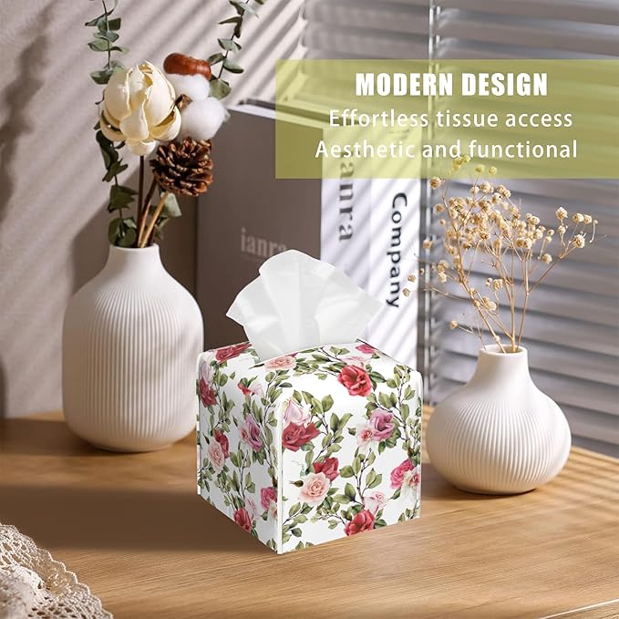 BLYKVGHQ Watercolor Rose Flower Tissue Box Cover Square, Tissue Box Holder with Bottom Belt Leather Facial Paper Organizer Dispenser for Bathroom Bedroom Dresser Night Stand Tabletop