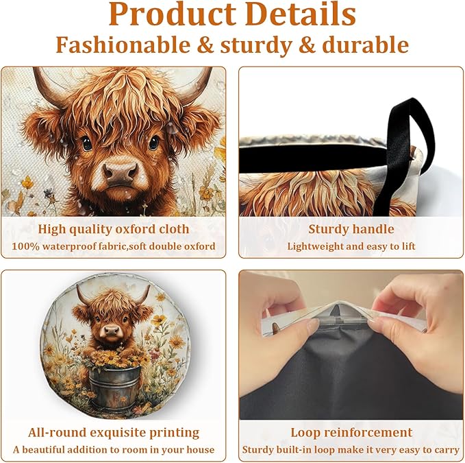 Sunflower Highland Cow Laundry Basket with Sturdy Handles, Collapsible Oxford Cloth Laundry Hamper Organizer Basket for Bathroom Bedroom 15.7x20 Inch
