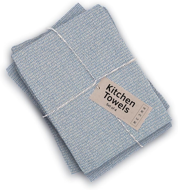 MEEMA Kitchen Towels and Dishcloths Sets of 4 | Large 18 x 28 Inch | Upcycled Cotton Tea Towels for Kitchen | Super Absorbent | Blue | Hand Towels