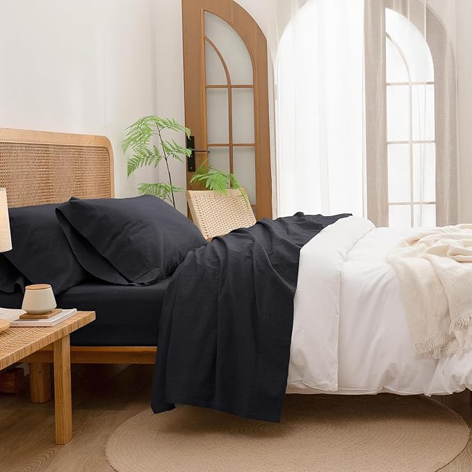 BESTOUCH Sheet Set 100% Washed Cotton Linen Feel Super Soft Comfortable Chic Lightweight 3 Pcs Home Bedding Set Solid Deep Black Twin
