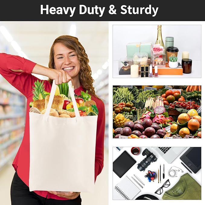 Segarty Small Canvas Tote Bag, 3 Pack 15x16 Shopping Totes for Women, Reusable Blank Canvas Shoulder Bag Aesthetic with Natural Cotton Cloth Bulk for DIY, Gift, Grocery, Beach, Travel