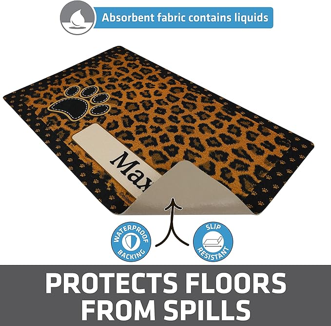 Drymate Personalized Pet Bowl Placemat, Custom Dog & Cat Food Feeding Mat - Absorbent Fabric, Waterproof Backing - Machine Washable/Durable (USA Made) (12" x 20") (Leopard Tan)