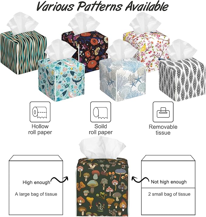 Colorful Mushrooms Tissue Box Cover,PU Leather Tissue Box Holder Square,Modern Home Decoration for Bathroom Living Room Kitchen Office Car,5.2"×5.2"×5.2"