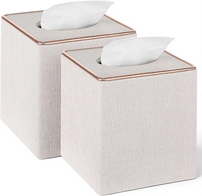 2 Pack Square Linen Tissue Box Covers, Beige Cube Tissue Holder with Magnetic Bottom & Flannel Lining, Decorative Modern Organizer for Home Office Car Vanity