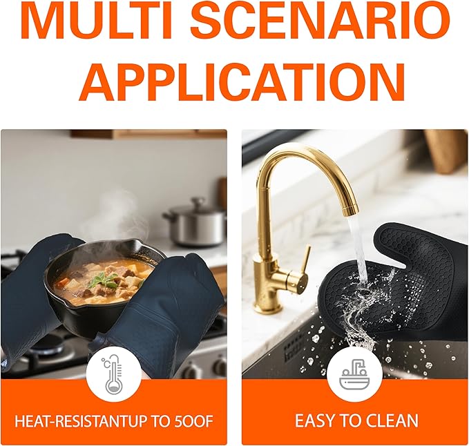 1 Pair Silicone Oven Mitts, Heat Resistant to 500°F, BPA-Free, Waterproof Oven Gloves with Quilted Cotton Lining, Non-Slip Grip for Cooking, Baking, Grilling (Black)