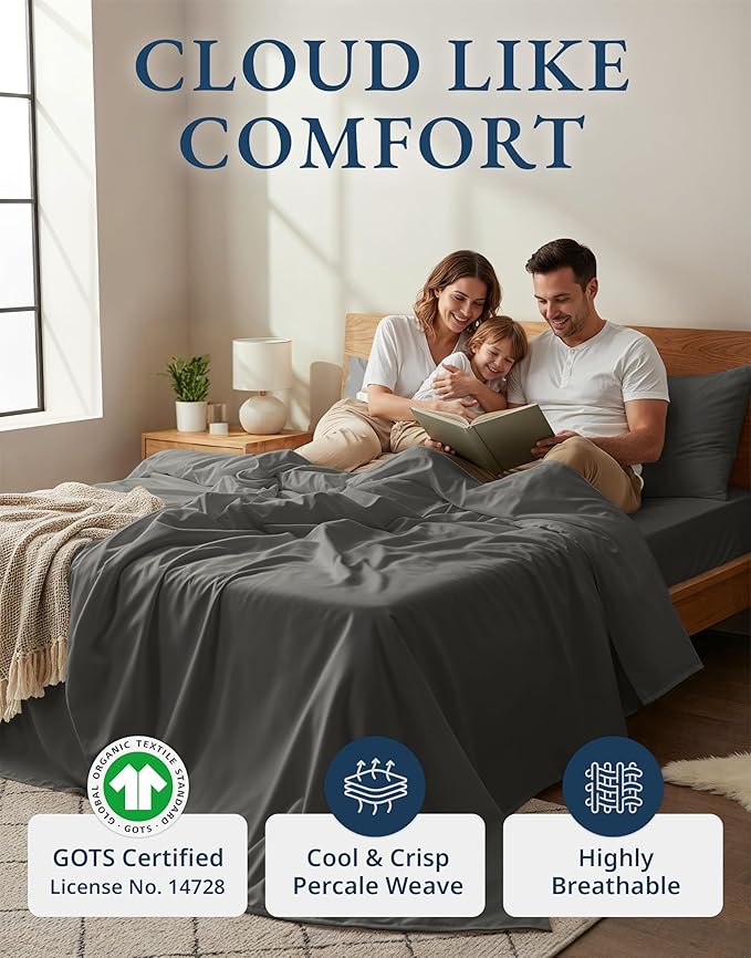 LANE LINEN 100% Organic Cotton Twin XL Sheets Set, Hotel Like Crisp Percale Low Pill Fade Resistant Reinforsed Seam Cotton Sheets, Perfect for Hospital Bed & Dorm Room Extra Long Twin- Charcoal