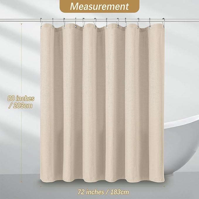 PANGSINNE Beige Fabric Shower Curtain - Waffle Textured Heavy Duty Shower Curtains for Bathroom, 256GSM Hotel Spa Luxury Weighted Bath Curtain with 12 Hooks, 72x80, Beige