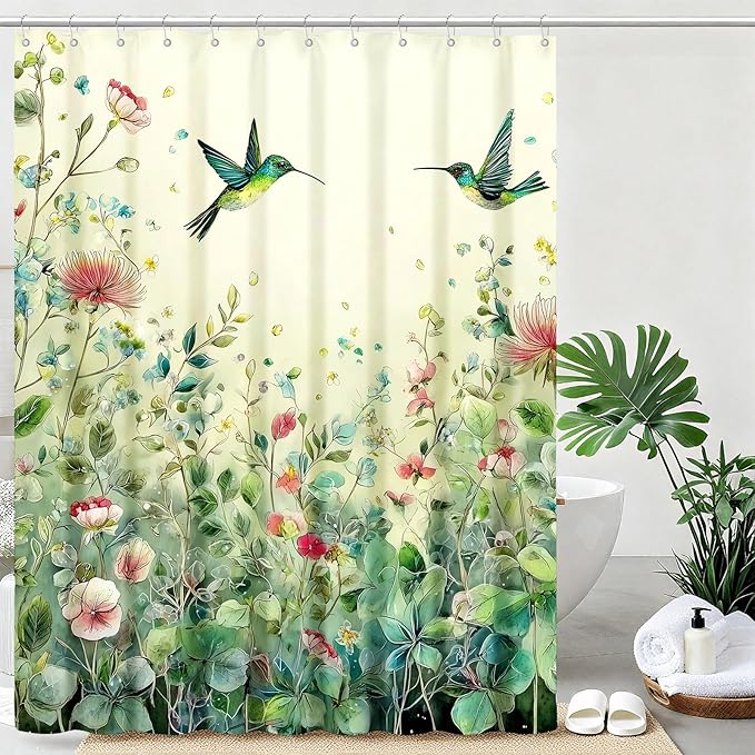 mutakin Green Leaf Flowers Shower Curtain Hummingbird Shower Curtains for Bathroom Waterproof Fabric Bath Curtain Decor with Hooks