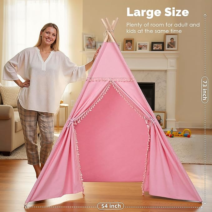 Sumbababy Large Teepee Tent for Kids Indoor - Cotton Canvas Slumber Play Tents for Adults - Foldable Sleepover Tents for Girls Boys Party Gift Toy, Pink